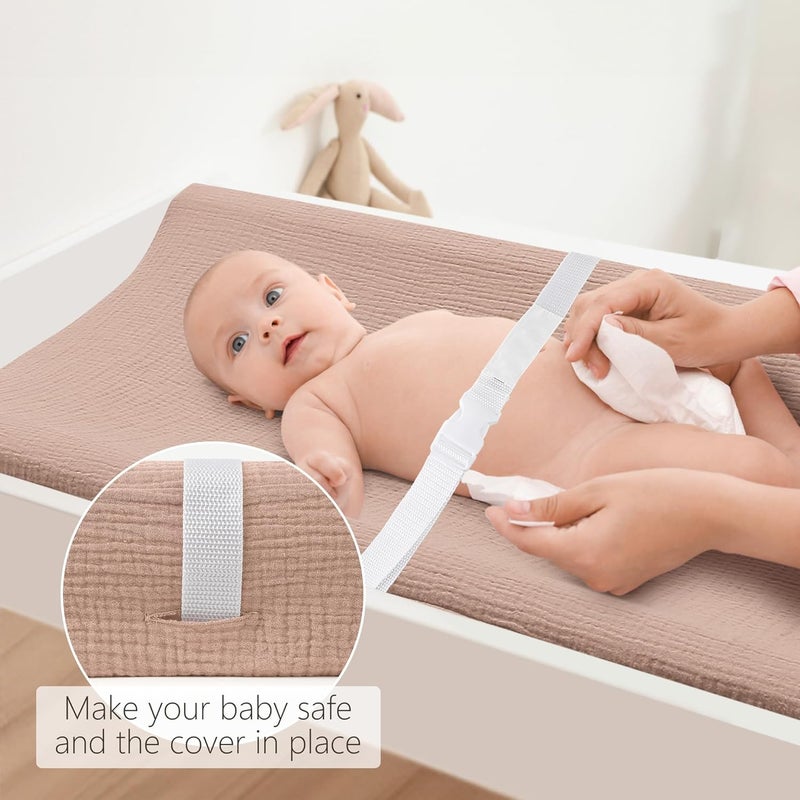 Bearmoss Changing Pad Cover, 2 Pack Muslin [100% Cotton] Diaper Changing Table Covers, 32'' x 16'' Soft Breathable Changing Pad Sheets for Unisex Baby Girls and Boys with Strap Holes (Peanut) - Image 3